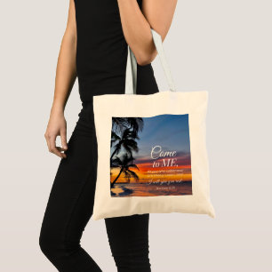 Bolso De Tela Mateo 11:28 Biblia Verse Palm Trees Sunset