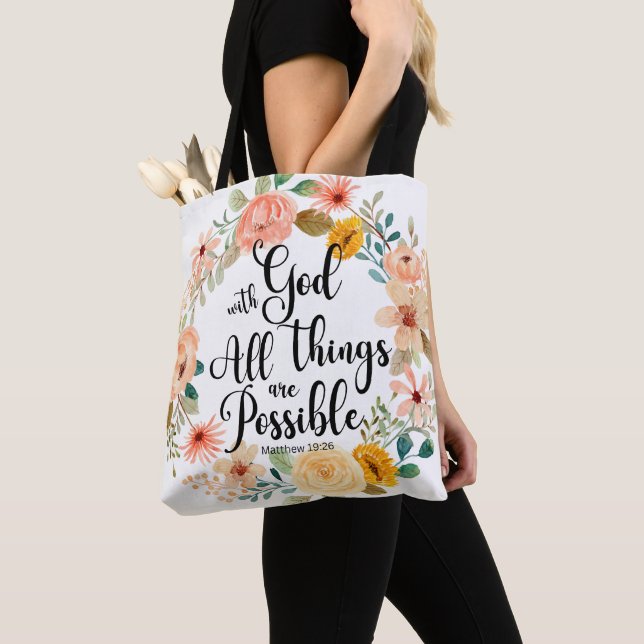 Bolso De Tela Mateo 19:26 Posible con la floral de la Escritura  (Detalle)