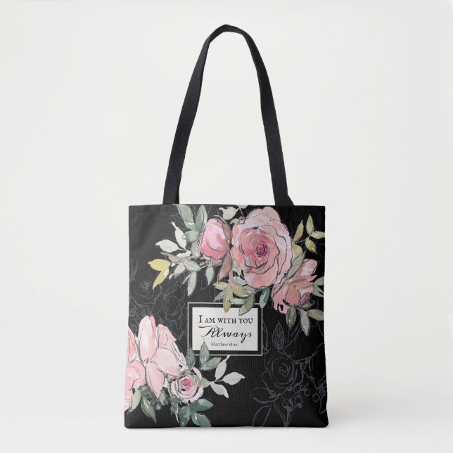 Bolso De Tela Mateo 28:20 Siempre Estoy Contigo Floral Rosa (Anverso)