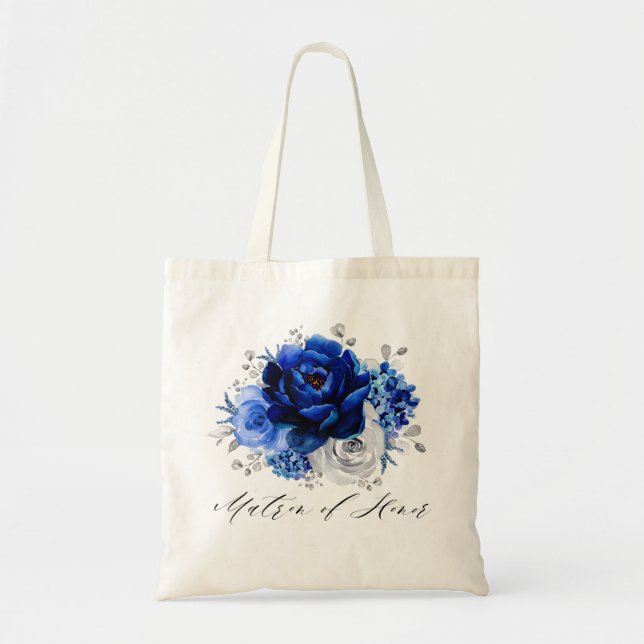 Bolso De Tela Matrón de honor floral de plata blanca azul real (Frente)