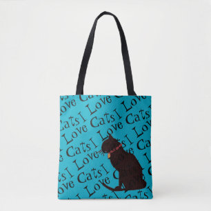 Bolso De Tela Me encanta el Tote gráfico azul de gatos