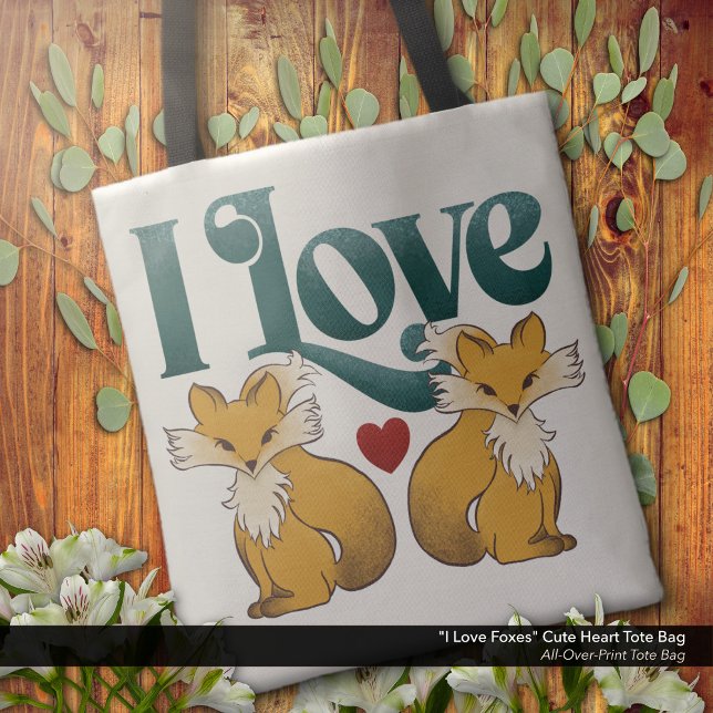 Bolso De Tela Me encantan los zorros. ("i Love Foxes" - Tote Bag with Cute Foxes and Heart Artwork.)