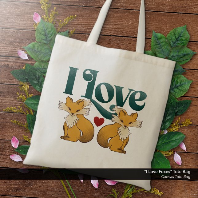 Bolso De Tela Me encantan los zorros. ("I Love Foxes" -  Canvas Tote Bag with Cute Foxes and Heart Artwork.)