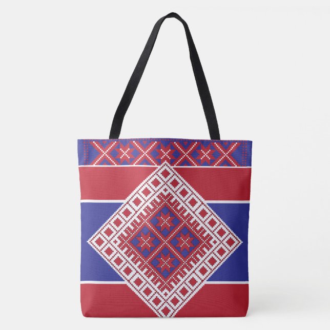 Bolso De Tela Medallón geométrico rojo y azul del arte folclóric (Anverso)