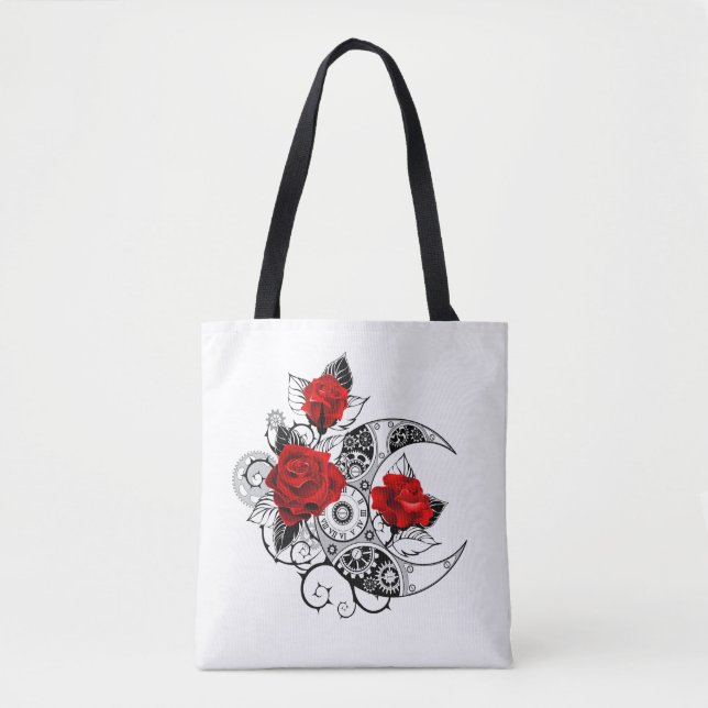 Bolso De Tela Media luna mecánica con rosas rojas (Anverso)
