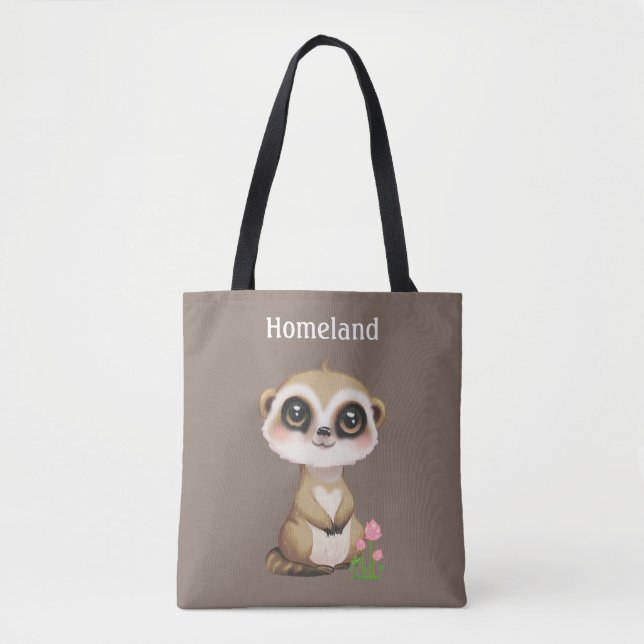 Bolso De Tela Meerkat y flores en Beige personalizadas (Anverso)