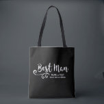 Bolso De Tela Mejor hombre Boda Tote Bag | Script moderno de Gua<br><div class="desc">¡A tu mejor hombre le encantará esta bolsa de tote personalizada! Doble cara con un divertido y moderno guion blanco y giratorio, la bolsa también incluye dos líneas de texto personalizado - añadir el nombre del Mejor Hombre, fecha boda, ubicación, etc. Cambie el color de fondo para que coincida con...</div>
