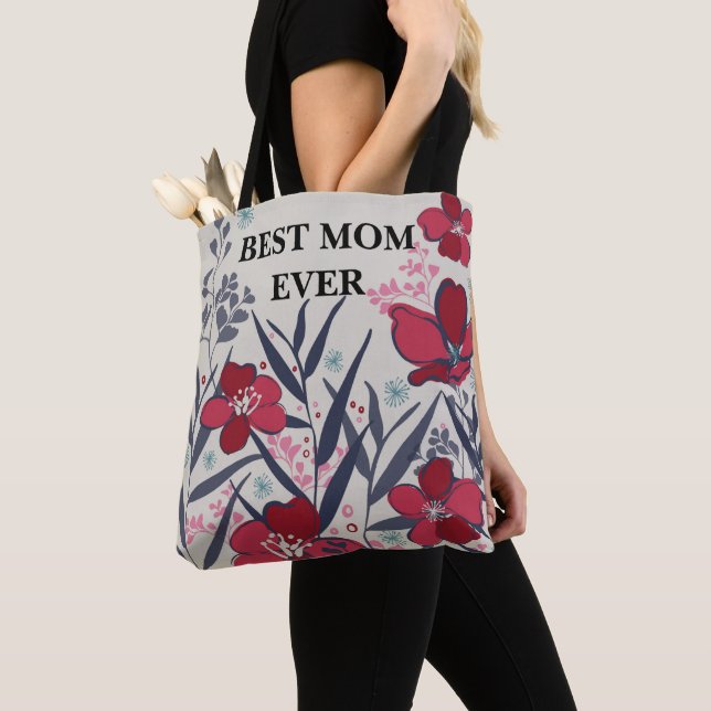 Bolso De Tela Mejor mamá jamás Patrón floral Rojo y Rosa (Detalle)