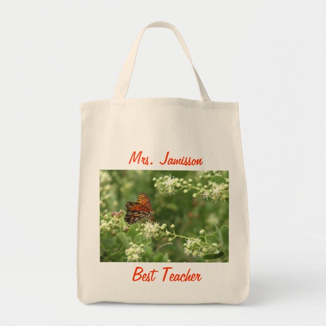 Bolso De Tela Mejor Profesor, Apreciación, Gracias, Mariposa (Frente)