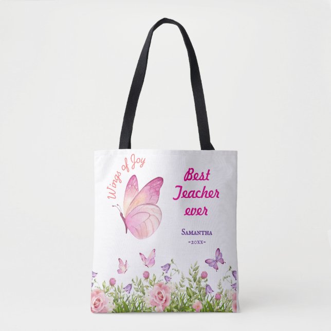 Bolso De Tela Mejor profesor de rosa mariposa personalizada (Anverso)