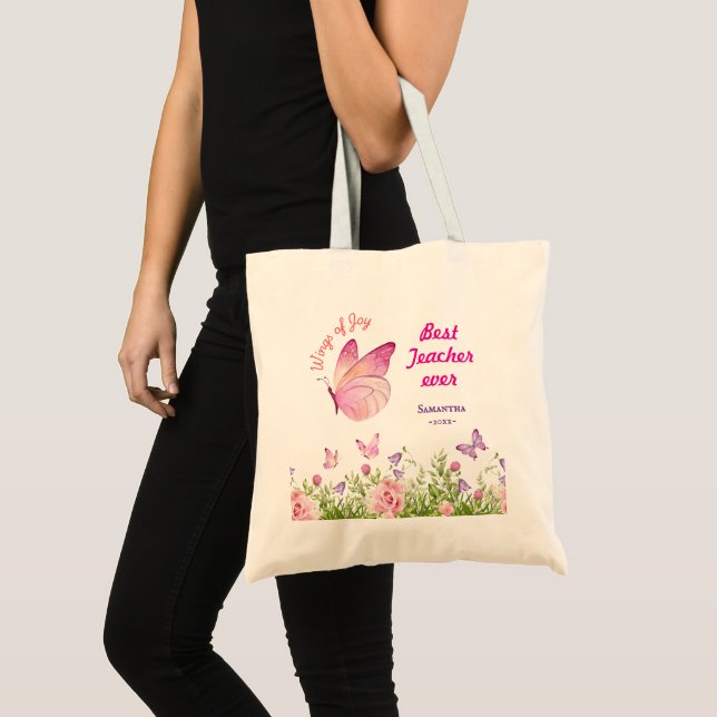 Bolso De Tela Mejor profesor de rosa mariposa personalizada (Anverso (producto))