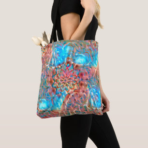 Bolso De Tela Melocotón y aqua floridos bajo vidrio martillado