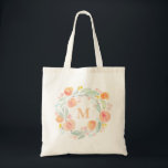 Bolso De Tela Melocotones acuáticos Foliage Wreath Monograma<br><div class="desc">Bolsa de Tote Monograma de Wreath Floral de color de agua melocotones. ¡Dulce como melocotón! Bolsa de personalizable monogramo de tote con correa acuarela con melocotones y follaje. Este bolso de té dulce y moreno será perfecto como regalo personalizado.</div>
