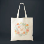 Bolso De Tela Melocotones acuáticos Foliage Wreath Monograma<br><div class="desc">Bolsa de Tote Monograma de Wreath Floral de color de agua melocotones. ¡Dulce como melocotón! Bolsa de personalizable monogramo de tote con correa acuarela con melocotones y follaje. Este bolso de té dulce y moreno será perfecto como regalo personalizado.</div>