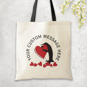 Bolso De Tela Mensaje personalizado pingüino y corazón rojo