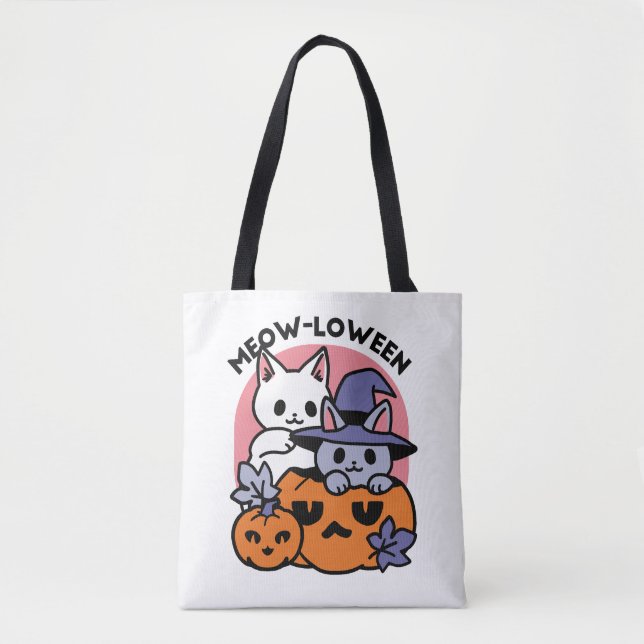 Bolso De Tela Meow-Loween - Diseño de felinos Halloween (Anverso)