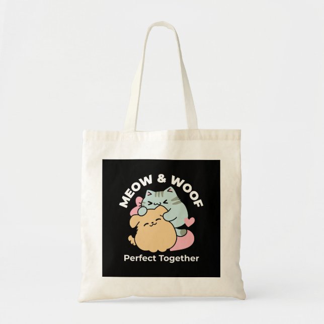 Bolso De Tela Meow & Woof Perfect Together: Gato y perro delicio (Frente)