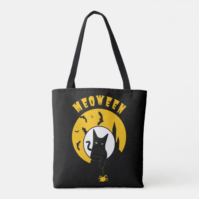 Bolso De Tela Meoween Cute Black Cat Amarillo Luna Halloween (Reverso)