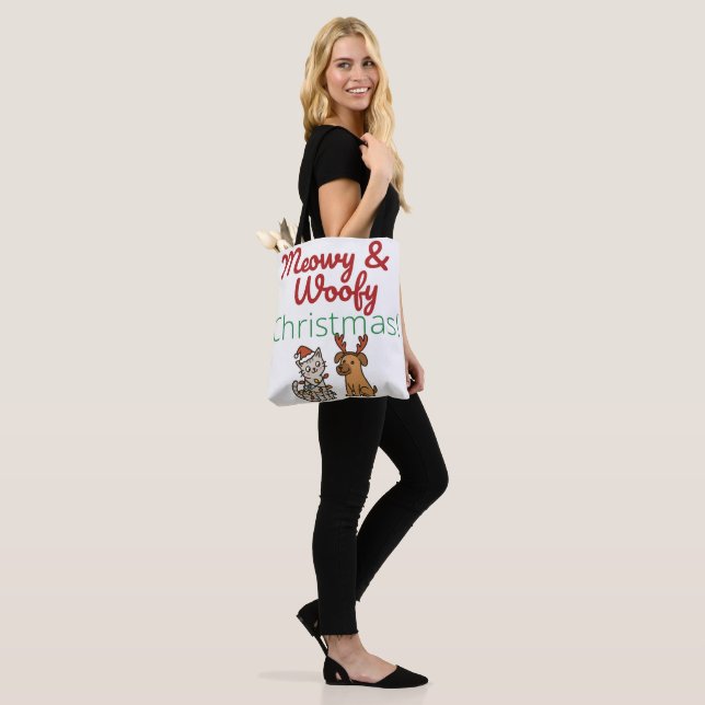 Bolso De Tela Meowy & Woofy Christmas – Funny Pet Holiday Design (Puesto)