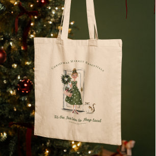 Bolso De Tela Mercado de Navidad Monograma Dama Vintage con Gato
