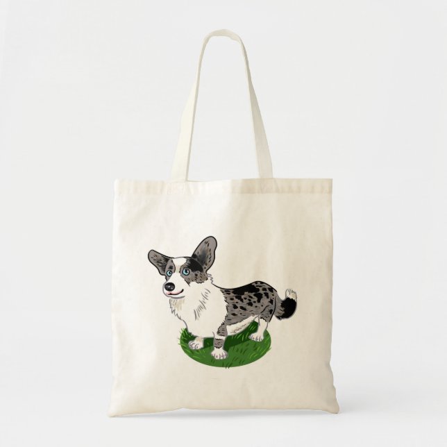 Bolso De Tela Merle azul, Corgi Cardigan. (Frente)