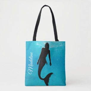 Bolso De Tela Mermaid Black Blue Ocean Summer Modern Beach