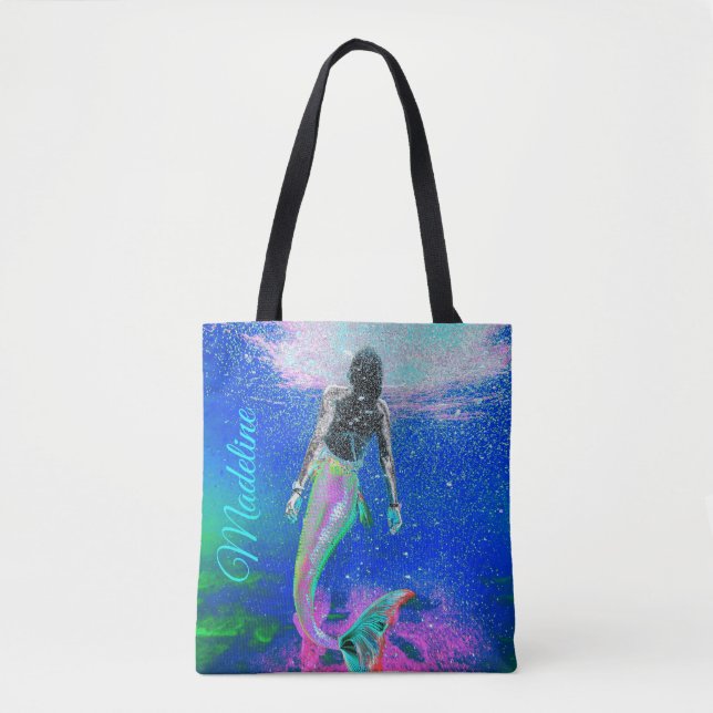 Bolso De Tela Mermaid Blue Ocean Pink Summer Moderne Beach (Anverso)