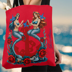 Bolso De Tela Mermaids Anchor Floral Azul Rojo