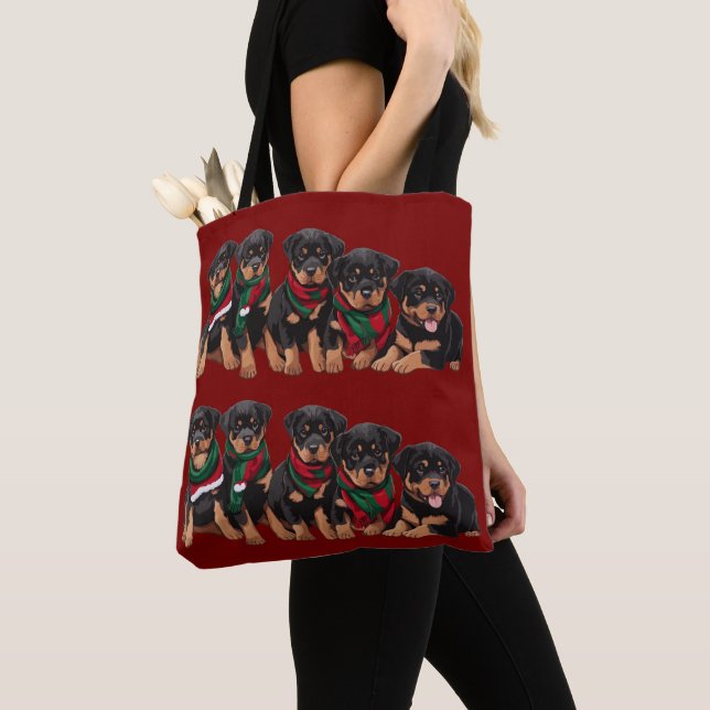 Bolso De Tela Merry Chrismutts Rottweiler Puppies Wearing Scarf (Detalle)