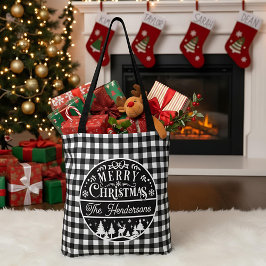 Bolso De Tela Merry Christmas Black & White Buffalo Plaid Custom