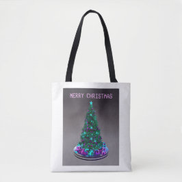 Bolso De Tela Merry Christmas. Decorated tree with gifts