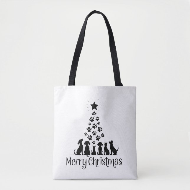Bolso De Tela Merry Christmas Paw Tree Dog Lover Cat Lover Mamá (Anverso)