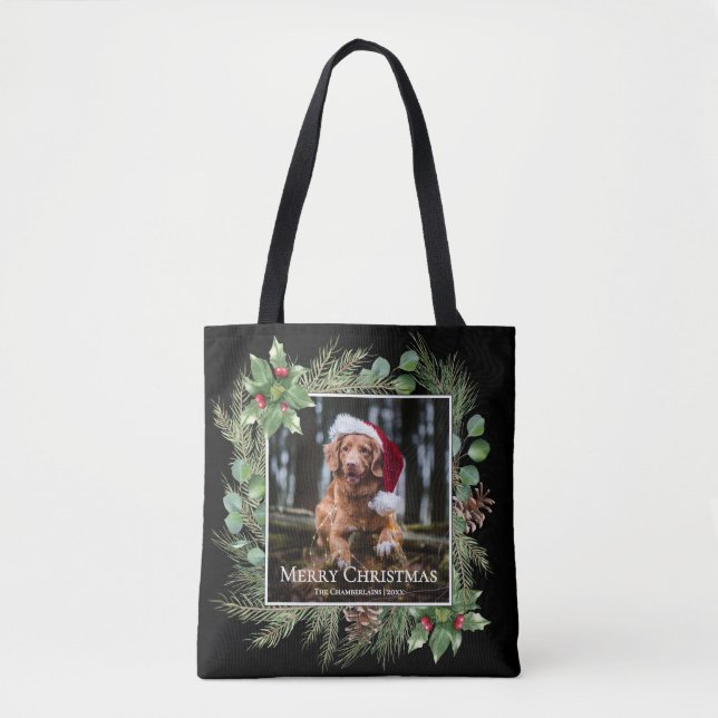 Bolso De Tela Merry Christmas Pet Photo Wreath Greenery  (Anverso)