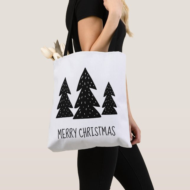 Bolso De Tela Merry Christmas Pine Trees Scandi Black White (Detalle)