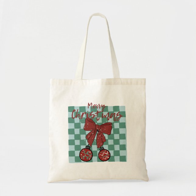 Bolso De Tela Merry Christmas Red Bow Ornaments Design (Frente)