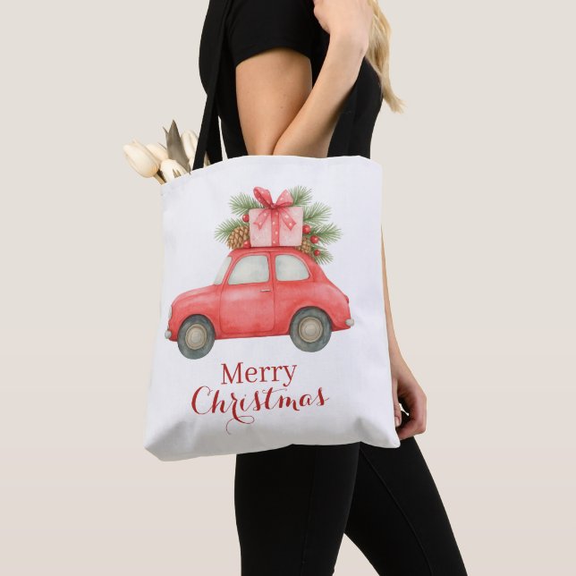 Bolso De Tela Merry Christmas Red Car – Personalized Holiday  (Detalle)