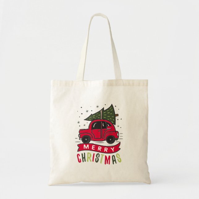 Bolso De Tela Merry Christmas Red Car Tree Name Template To (Frente)