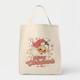 Bolso De Tela Merry Christmas Retro Typography Santa Gorra Rosa