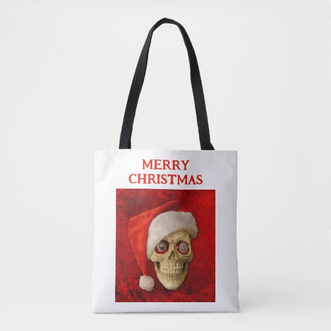 Bolso De Tela Merry Christmas. Skull wearing Santa hat (Anverso)