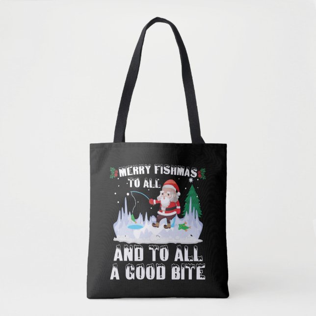 Bolso De Tela Merry Fishmas Graciosa Pesca Pescador Navidad (Anverso)