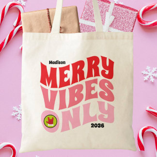 Bolso De Tela Merry Vibes solo Navidades de diversión rosada roj