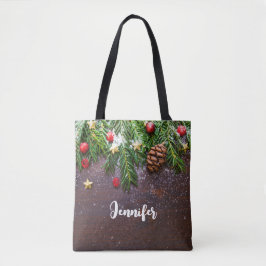 Bolso De Tela Mesa de Navidad rústica con pino y nieve