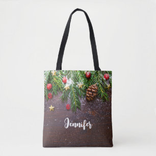 Bolso De Tela Mesa de Navidad rústica con pino y nieve