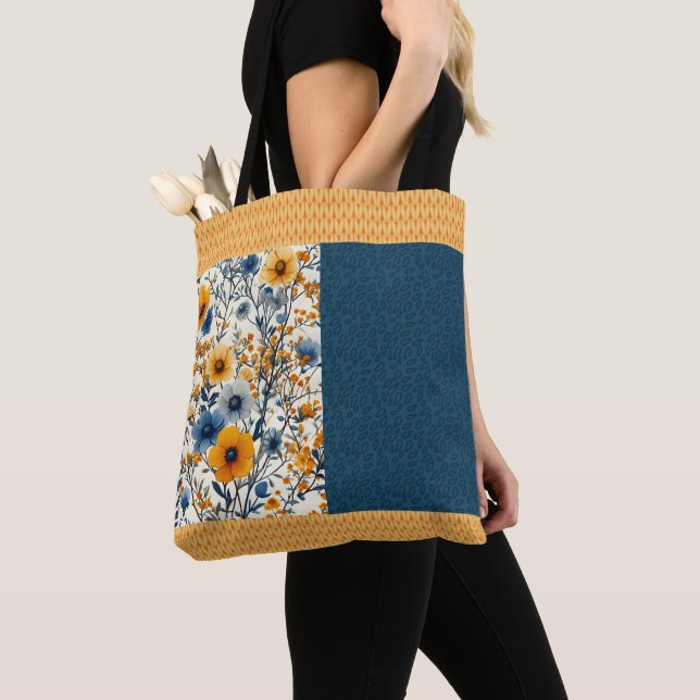 Bolso De Tela Mezcla De Flora Vintada Azul Y Amarilla bonito (Detalle)