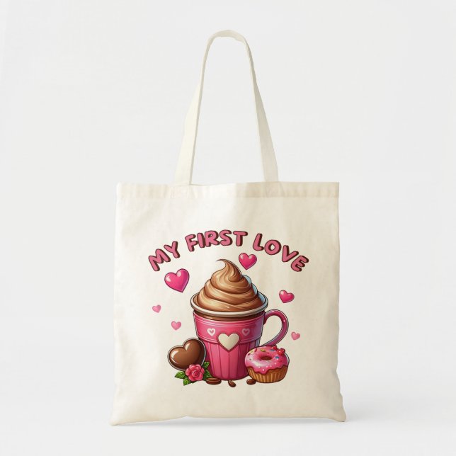 Bolso De Tela Mi Primer Amor, Pastel Y Café (Frente)