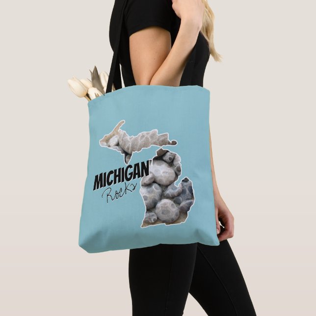 Bolso De Tela Michigan Silhouette Llena De Piedras De Petoskey (Detalle)