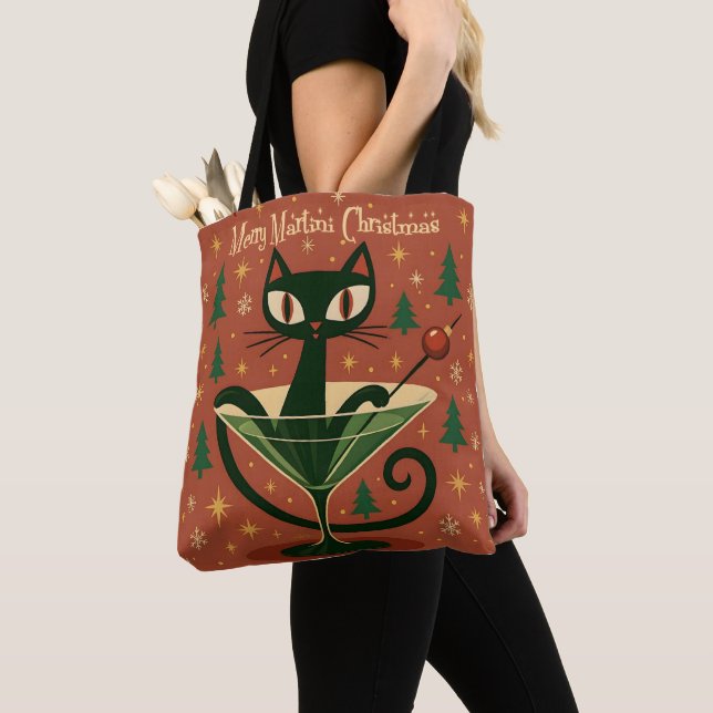 Bolso De Tela Mid Century Black Cat Merry Martini Christmas (Detalle)