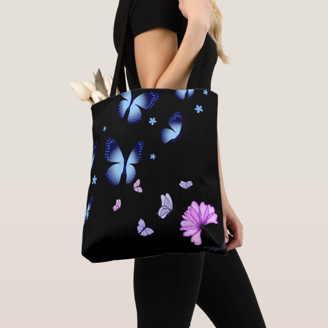 Bolso De Tela Midnight Butterfly Blue Floral Shoulder Tote Bag (Detalle)