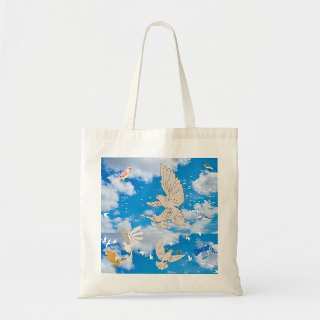 Bolso De Tela Mikitiez pájaro blanco cielo azul verano libertad  (Frente)