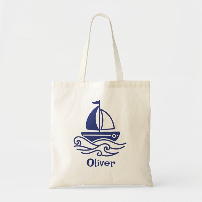 Bolso De Tela Minimalist Blue Sailboat Sailing Maritime (Frente)